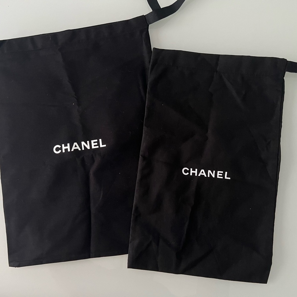 CHANEL Black Drawstring Dust Bags with White Logo (Pair)